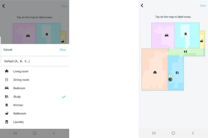 Символы присвоены отдельным комнатам в приложении Yeedi App